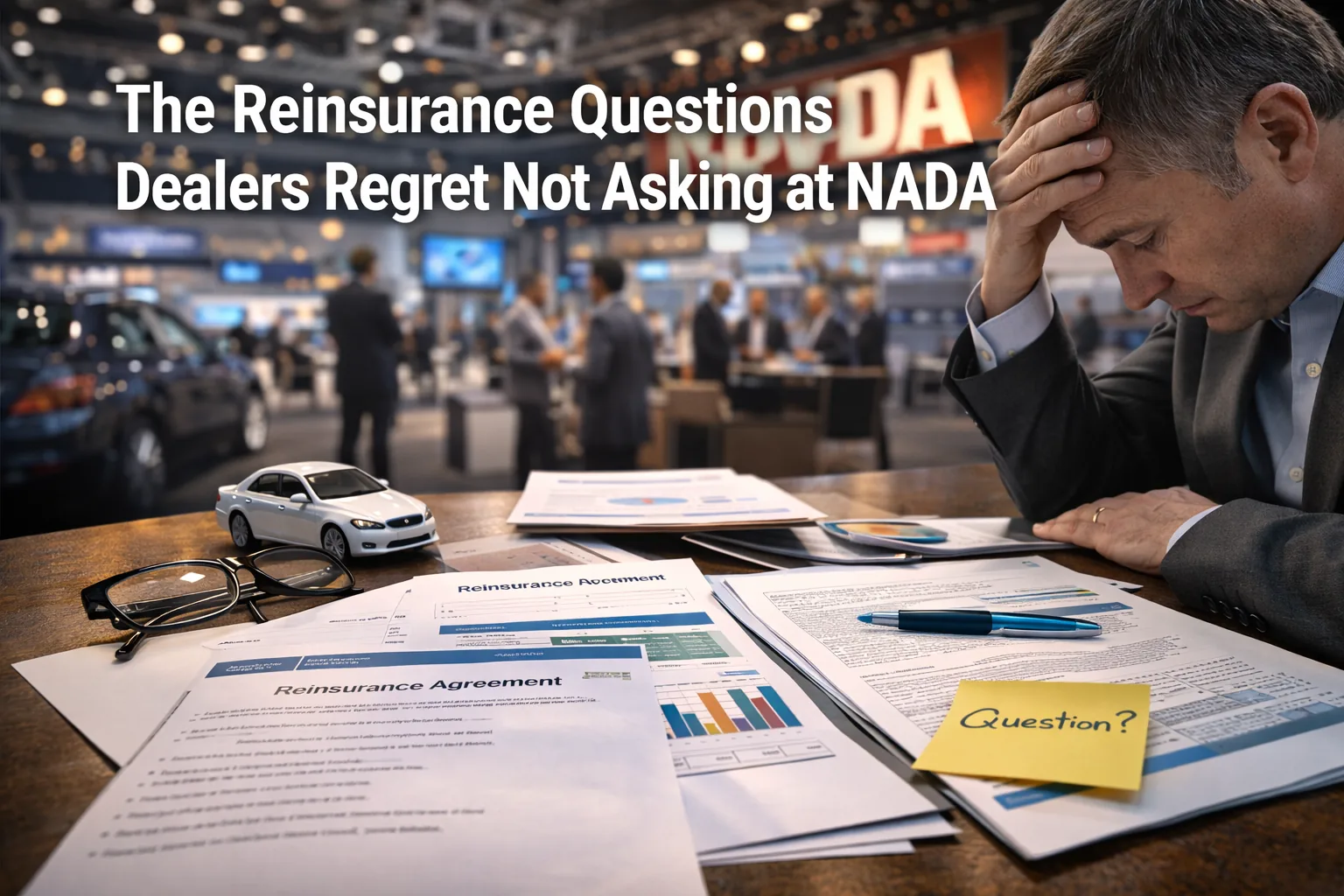 A dealer reviewing their reinsurance program agreements and reports — evaluating fees, structure, claims, and reserves during an annual program review.